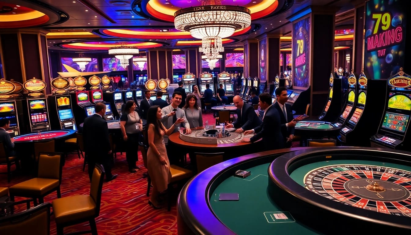 Players enjoying an exciting game at 79king casino with vibrant tables and slot machines.