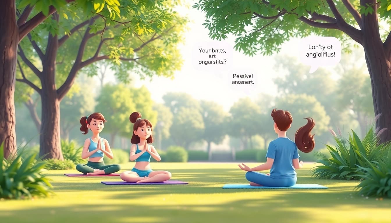 Explore the benefits of mental health gamification in an animated park scene showcasing mindfulness exercises.