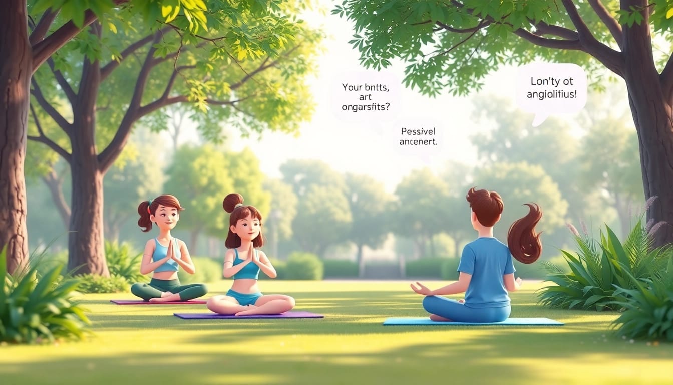 Explore the benefits of mental health gamification in an animated park scene showcasing mindfulness exercises.