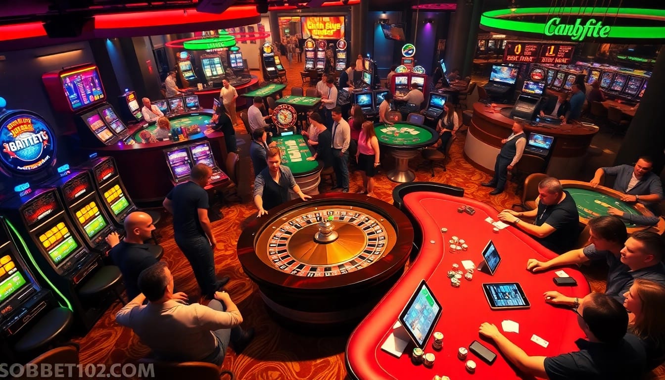 Experience the thrill of winning at https://sbobet102.com/ with a vibrant casino scene featuring roulette, slots, and poker tables.