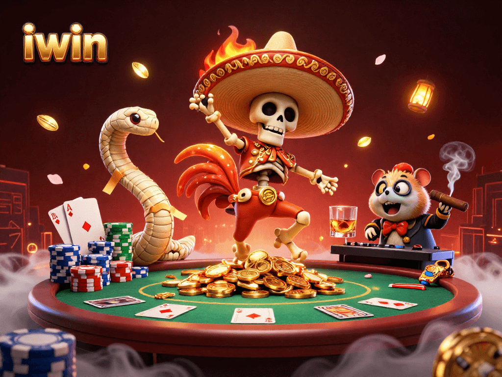 Experience the vibrant energy of iwin with a mariachi rooster dancing triumphantly among poker chips and gold coins.