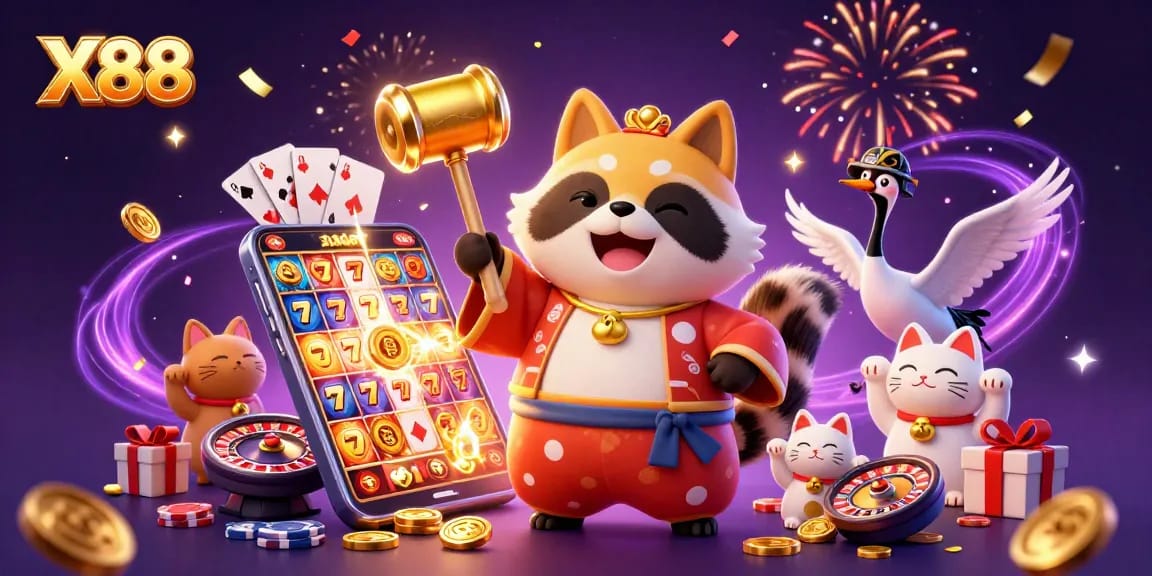 Engage with the lively X88 casino atmosphere, as cheerful tanuki celebrates wealth and luck amidst vibrant gaming elements.