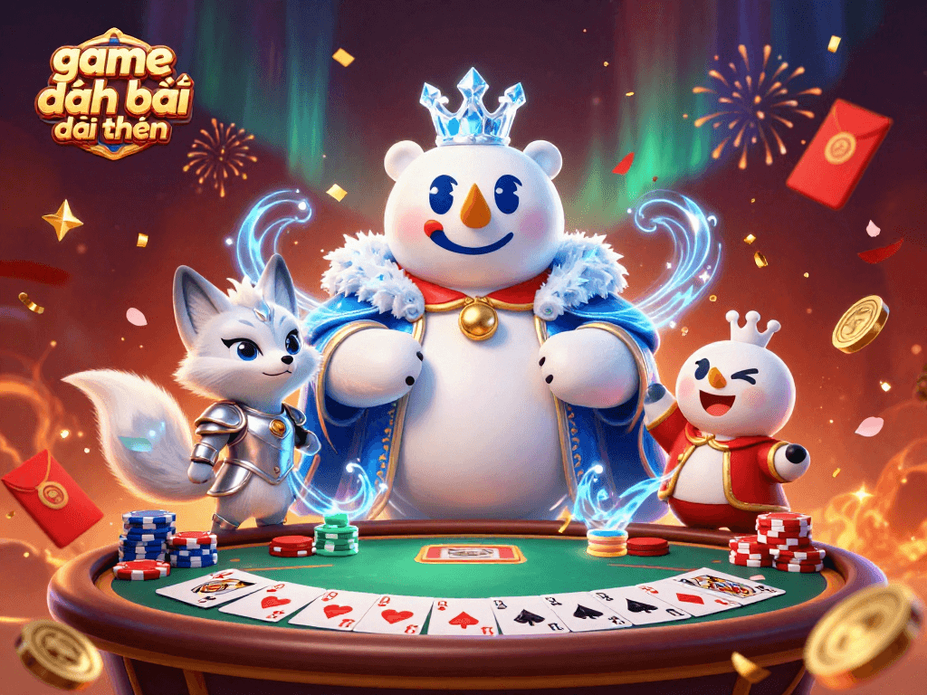 Experience the excitement of game đánh bài đổi thưởng with a vibrant 3D casino scene featuring engaging characters.