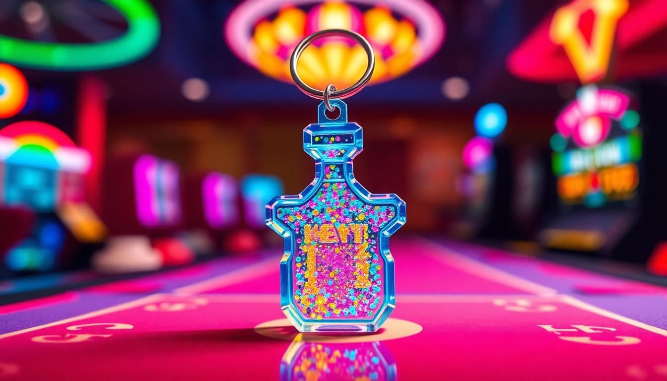 Showcase an acrylic keychain custom shaped like a gaming character with vibrant colors.