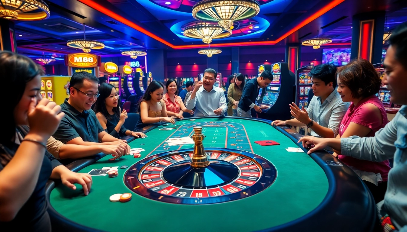 M88 gaming table filled with excited players enjoying thrilling casino games.