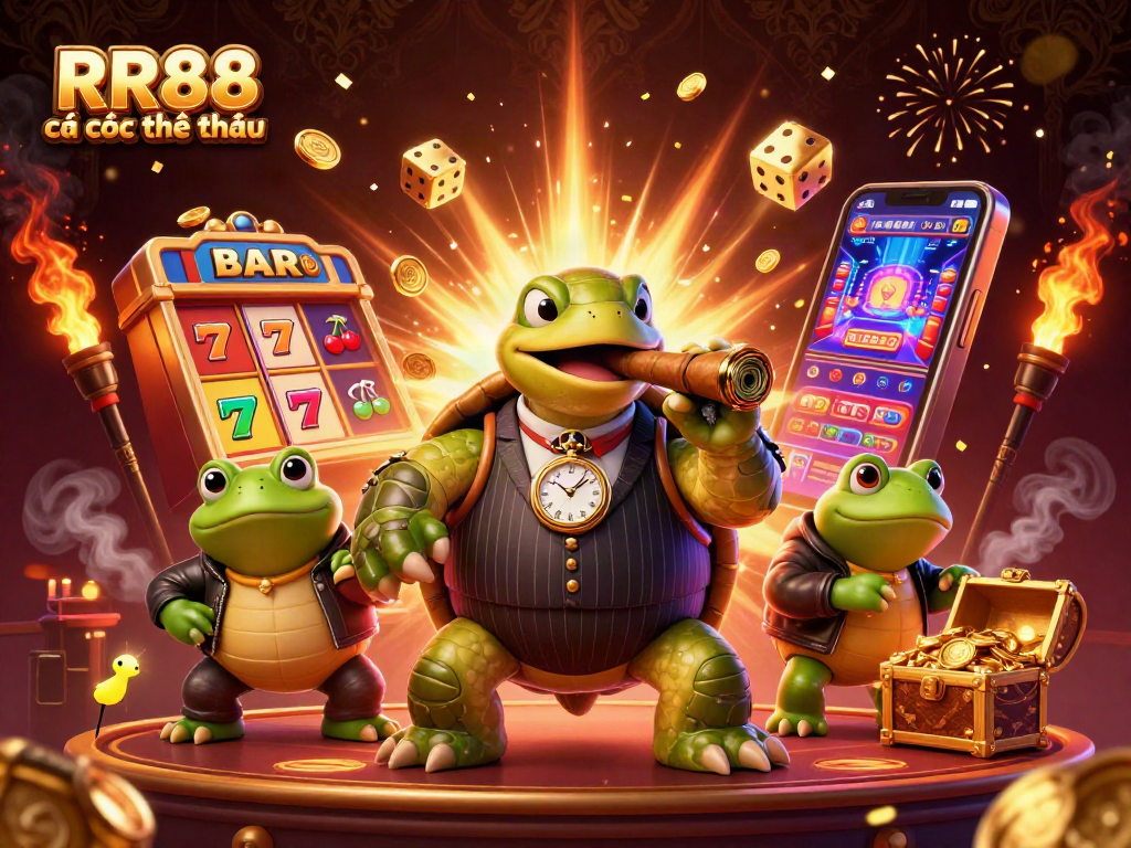 Visualize the excitement of RR88 cá cược thể thao with lively characters and dynamic gambling elements.