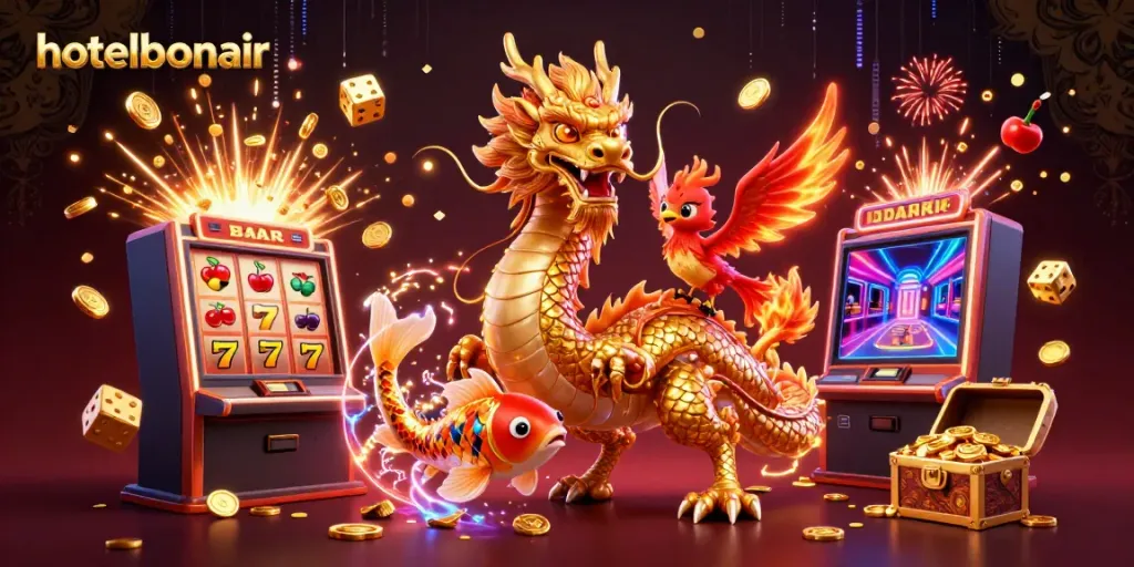 Engage in high-stakes fun at hotelbonair with a vibrant casino-themed scene featuring a golden dragon and games.