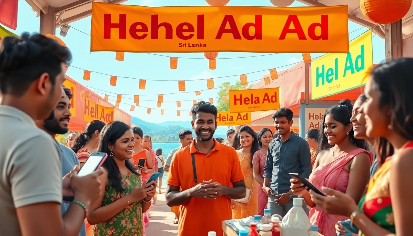 Engaging marketplace scene featuring Hela Ad services amidst Sri Lankan cultural backdrop.