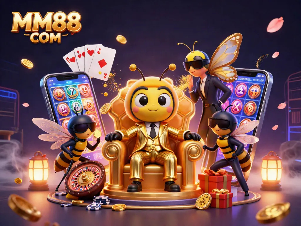 Engage with MM88 COM's vibrant 3D casino scene filled with animated characters and gaming elements.