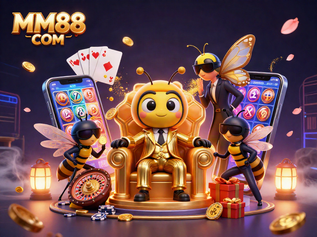 Engage with MM88 COM's vibrant 3D casino scene filled with animated characters and gaming elements.