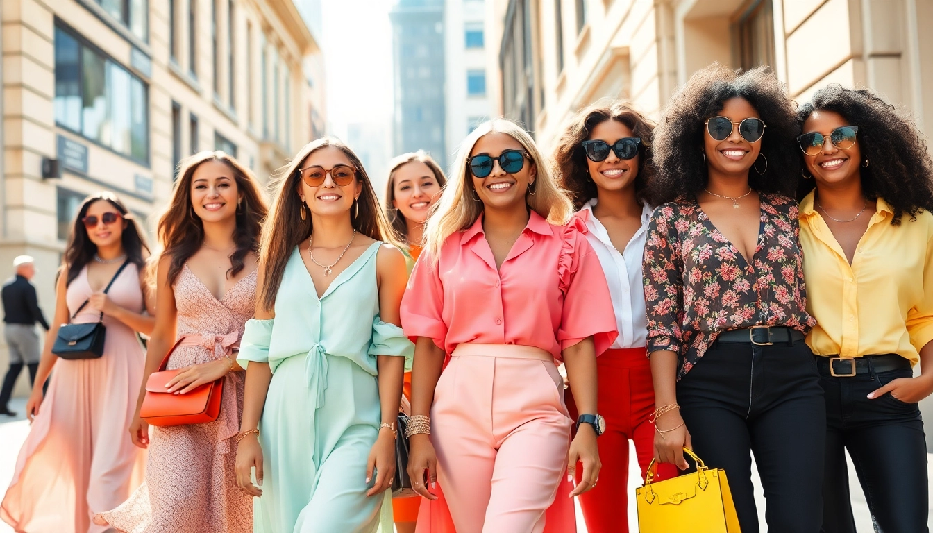 Women Fashion ensemble showcasing diverse styles and vibrant colors in an urban setting.