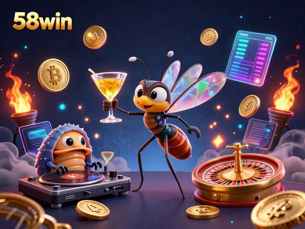 Engage with 58win's vibrant casino world featuring playful cartoon characters and crypto elements.