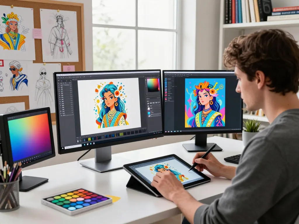 Artist using nano banana flash AI image editor in a bright creative workspace.