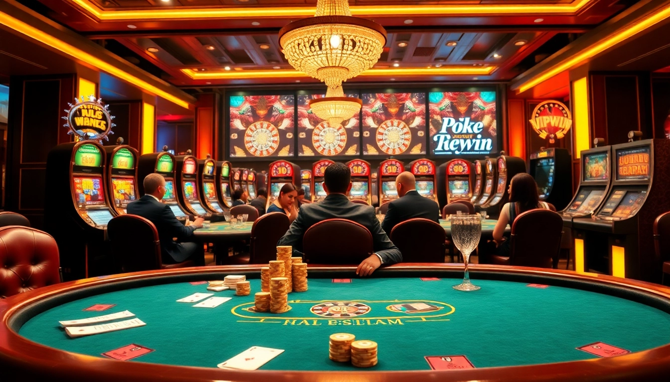 Exciting gameplay at Vipwin casino with luxurious poker tables, roulette wheels, and vibrant atmosphere.