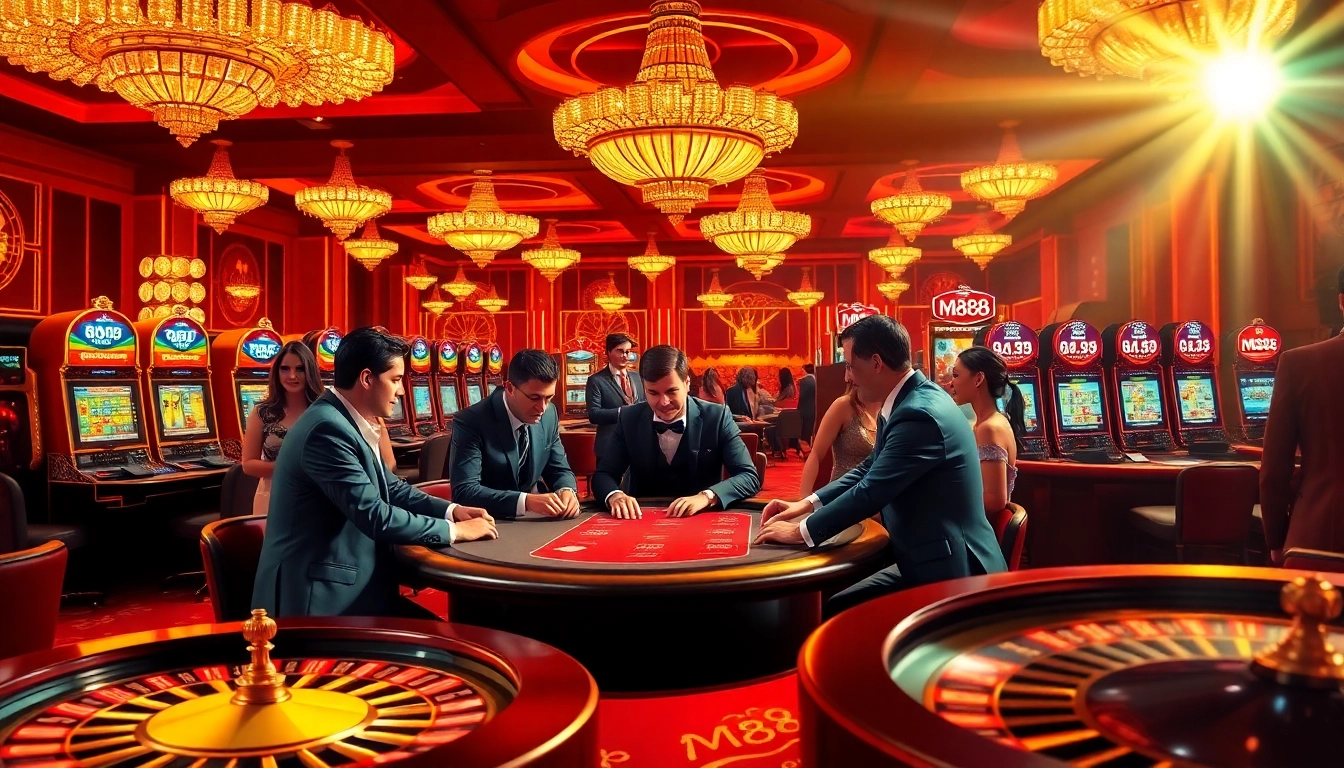 Players engaging in an exciting poker game at the M88 casino, surrounded by slot machines and roulette wheels.