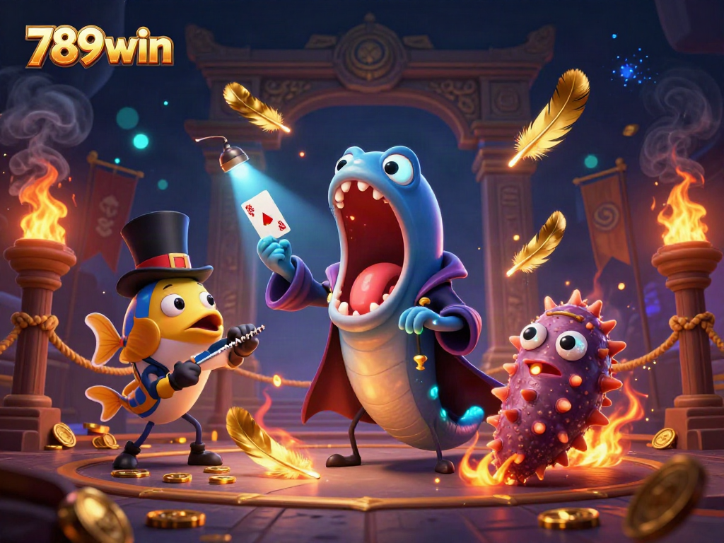 Engaging 3D casino scene featuring a bioluminescent gulper eel performing card tricks, symbolizing 789win's magic.