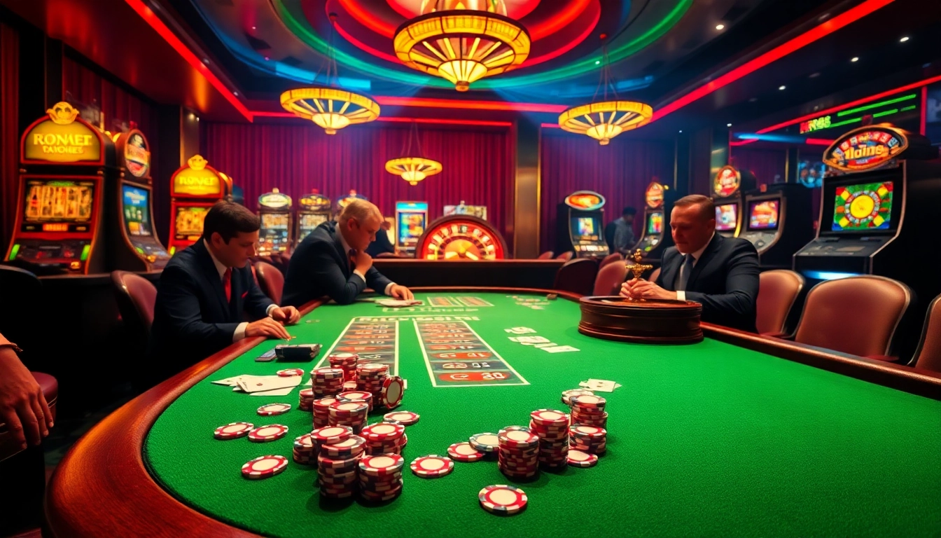 Experience the excitement at RR88 link with a vibrant casino table, roulette wheel, and slot machines.