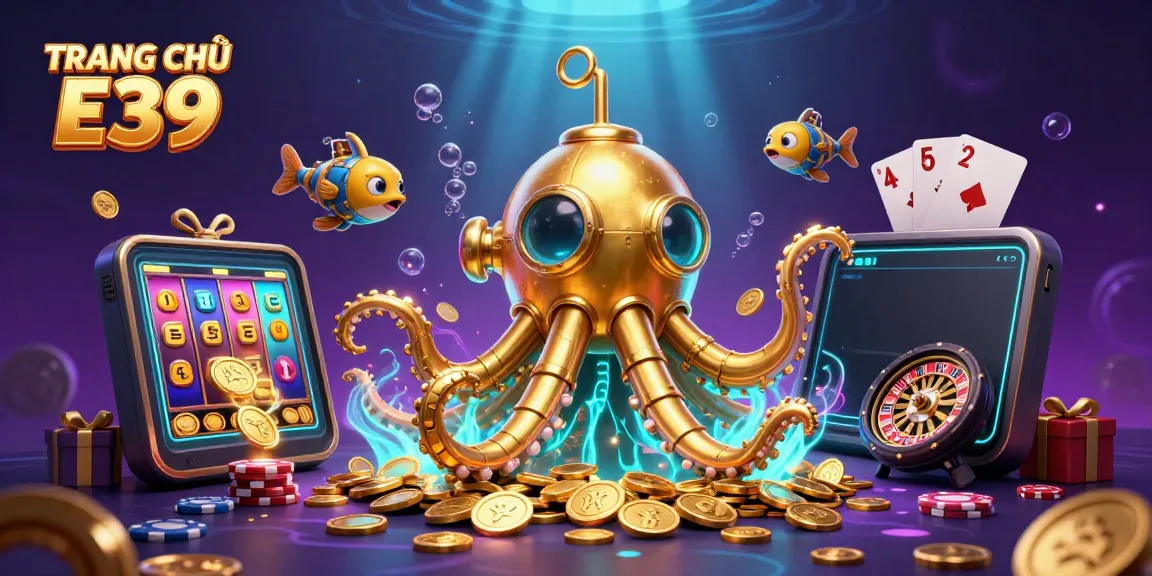 Engage with TRANG CHỦ E39's thrilling underwater casino adventure featuring a golden kraken among golden coins.