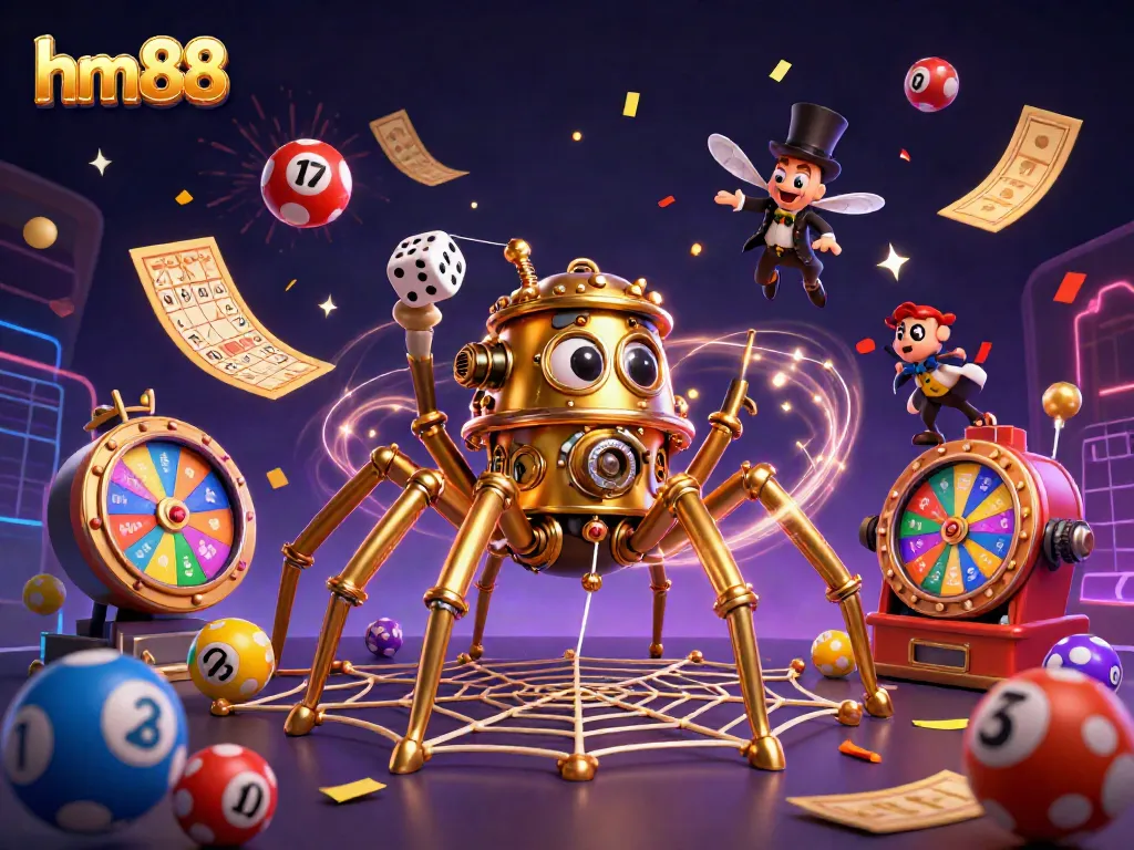 Engage in the world of hm88 with a steampunk-themed casino illustration featuring exciting lottery elements and confetti.