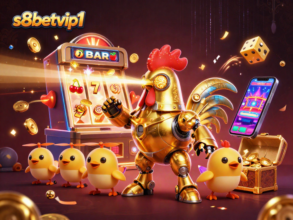 s8betvip1 showcases a dynamic casino scene with a golden rooster robot and vibrant slot machine action.