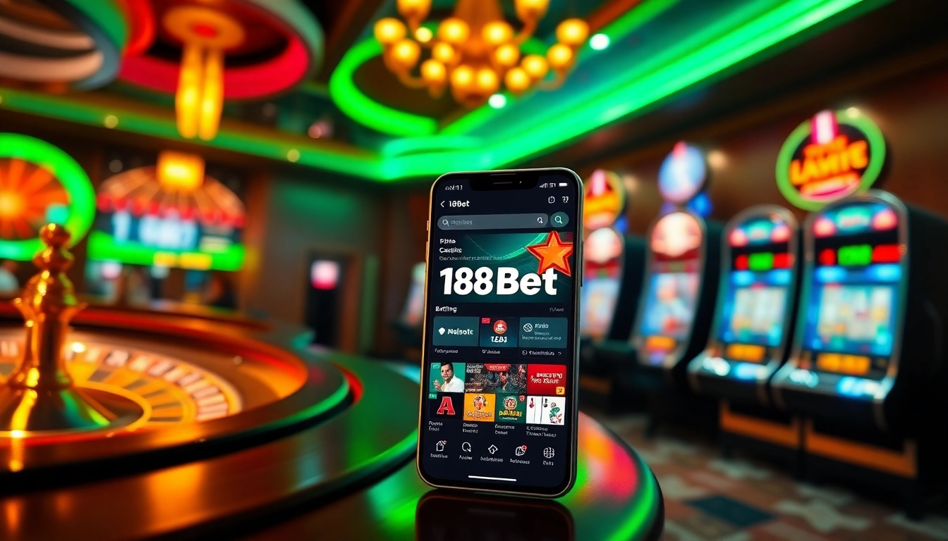 Exciting scene showcasing the 188bet app on a smartphone with vibrant casino elements highlighting online gambling.