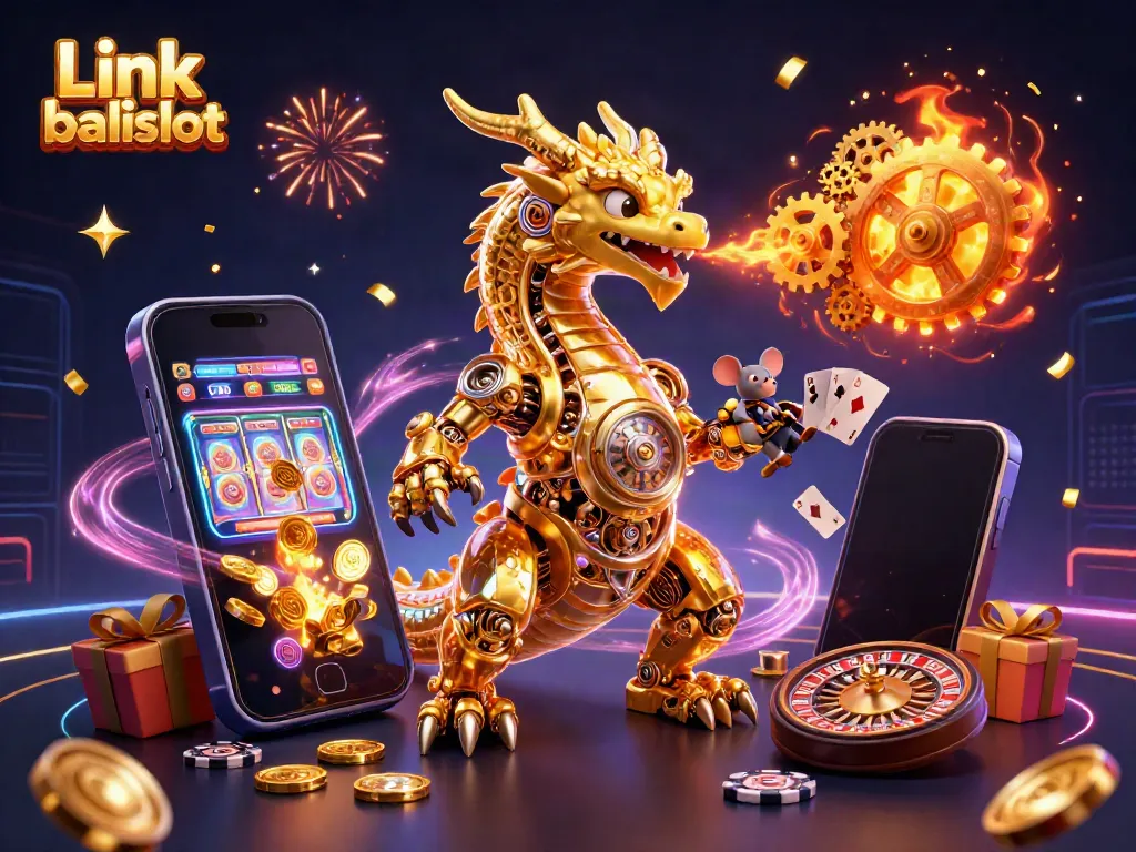 Engage with the thrilling Link balislot experience featuring a 3D dragon and vibrant casino elements.