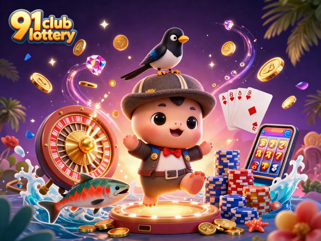Engage with the 91 club lottery in a vibrant, colorful scene of characters, coins, and gaming elements.
