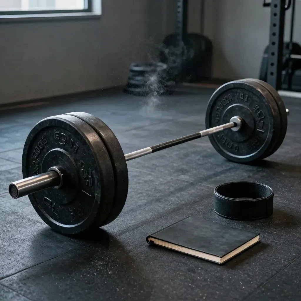 Barbell, microplates, lifting belt and closed logbook on rubber gym flooring with chalk dust.