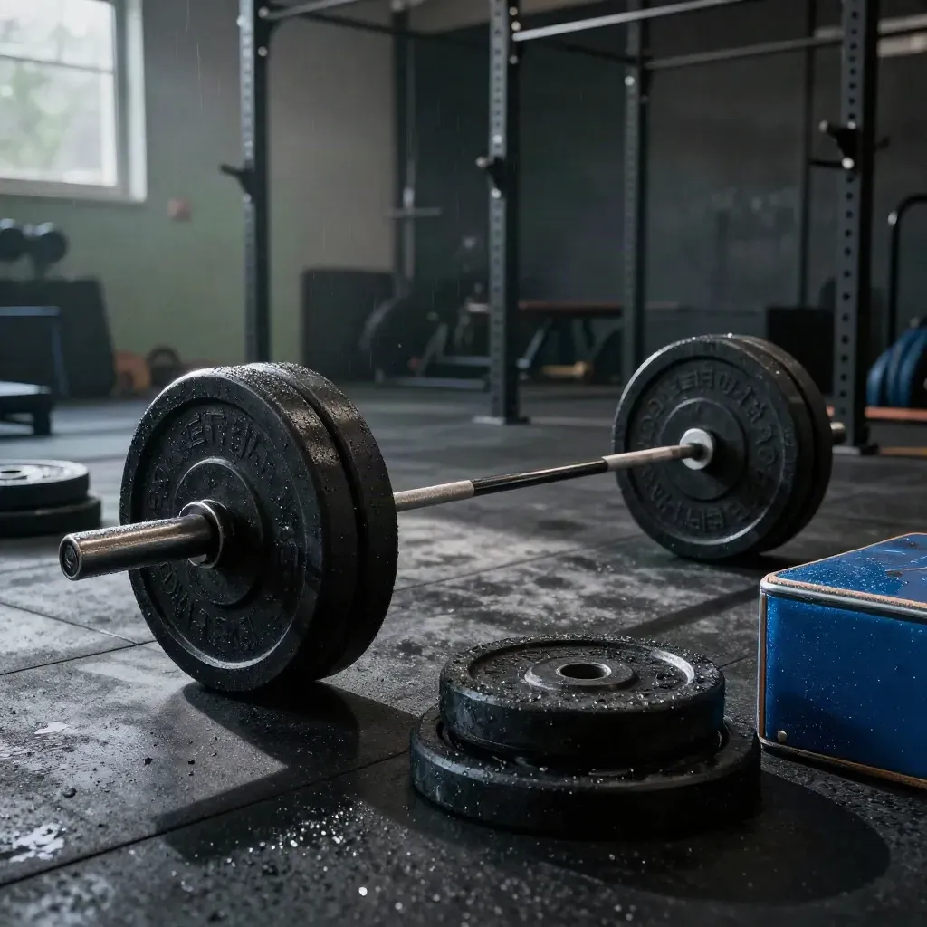 Moody private gym floor with barbell, plates, chalk haze and wet rubber sheen.