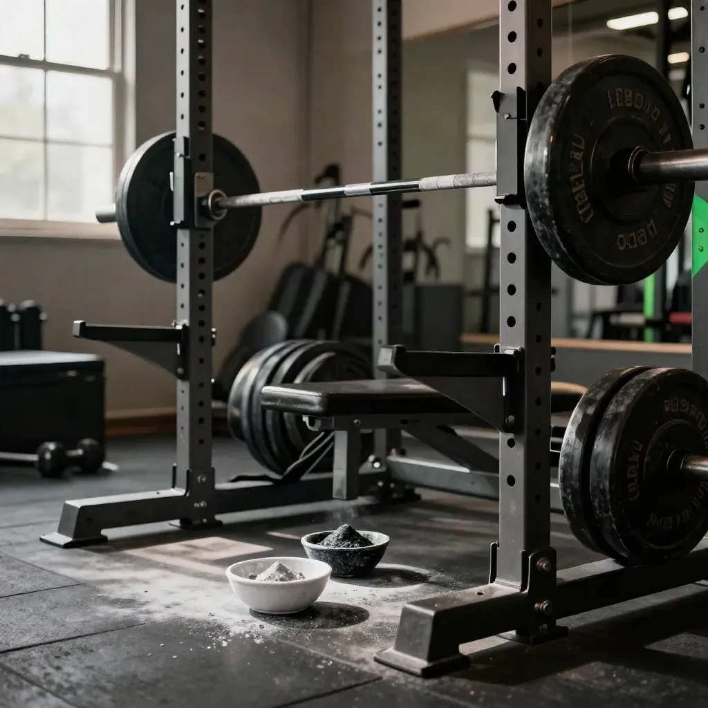 Loaded squat rack in a private gym with chalk haze, plates, bench and plyo box.