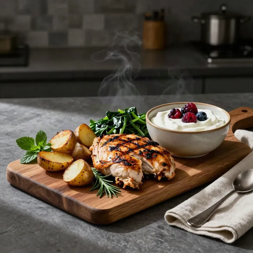 Grilled chicken meal-prep plate with potatoes, greens, and berry yoghurt on a warm oak board.