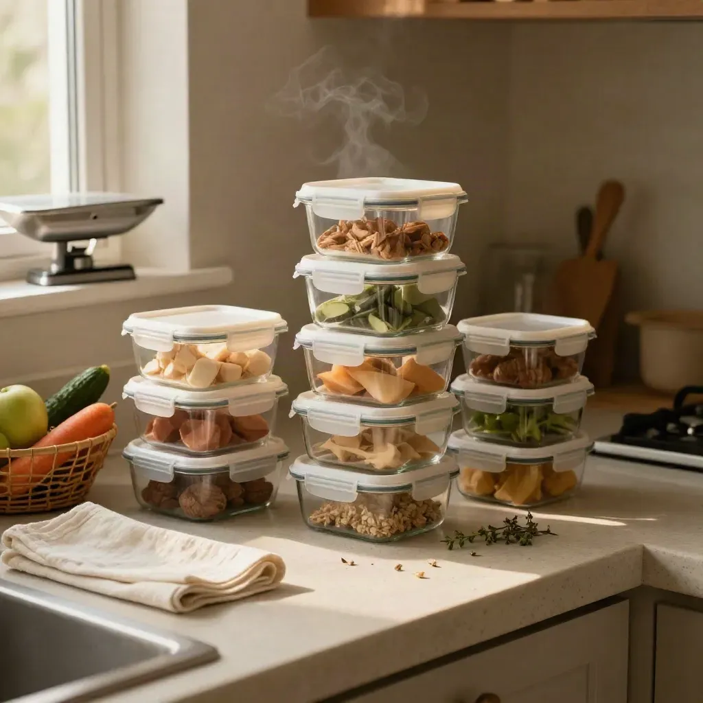 Meal-prep containers, produce basket, and kitchen scale on a pale stone counter in warm late-afternoon light
