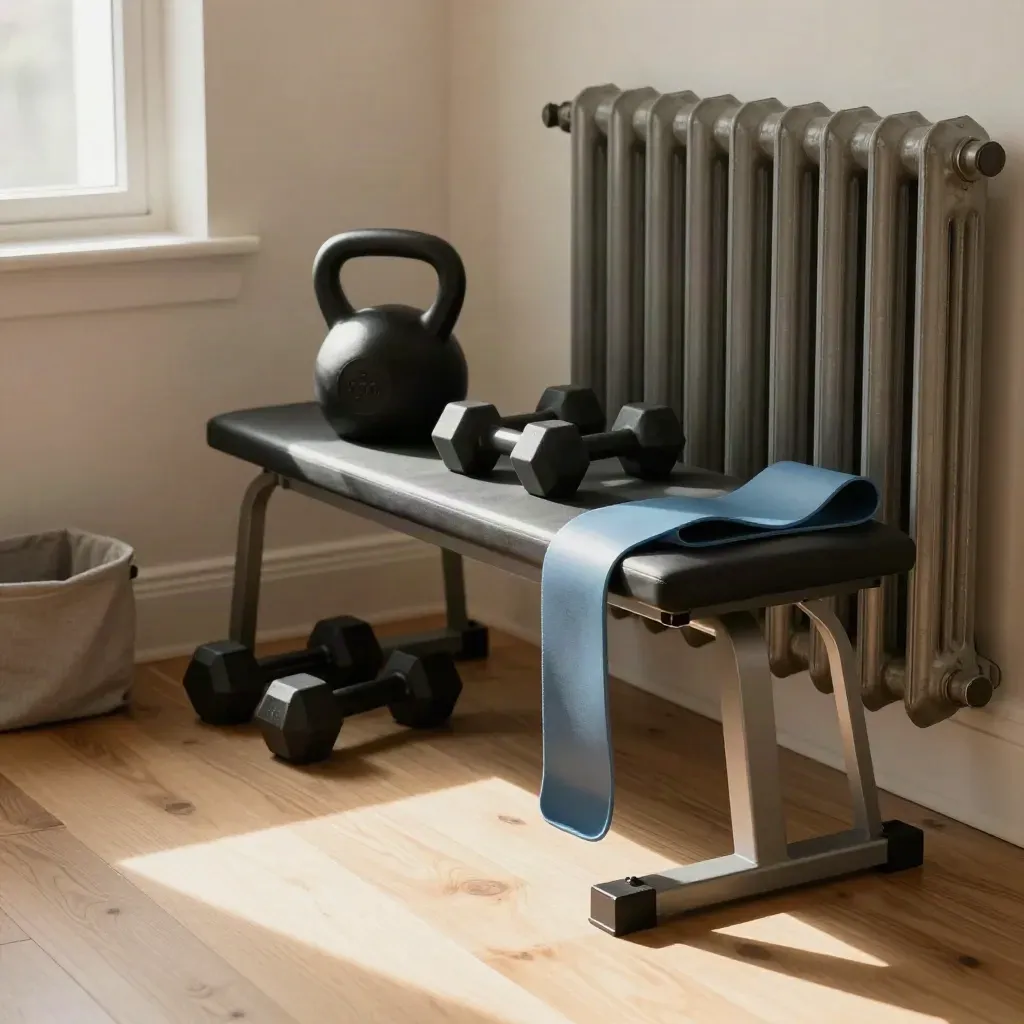Home training nook with kettlebell, dumbbells, resistance band and foldable bench by a radiator.