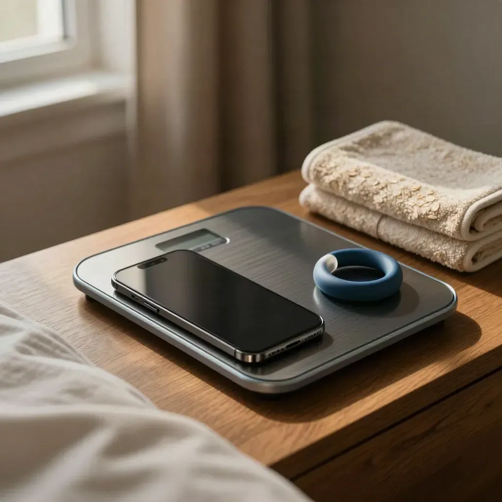 Face-down phone, smart scale, recovery ring and towel on a warm oak bedside table at dawn.