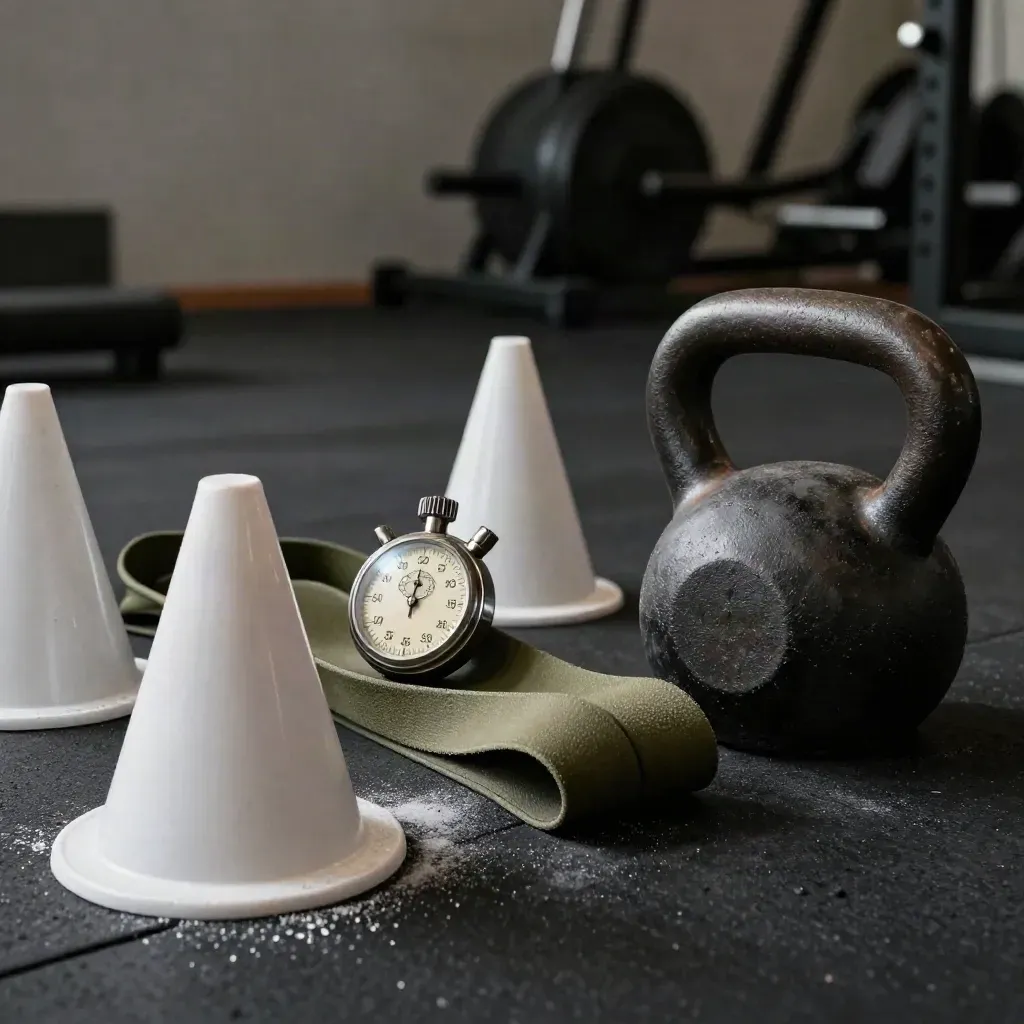 Training cones, stopwatch, band and kettlebell on black rubber gym floor, shot diagonally from above.