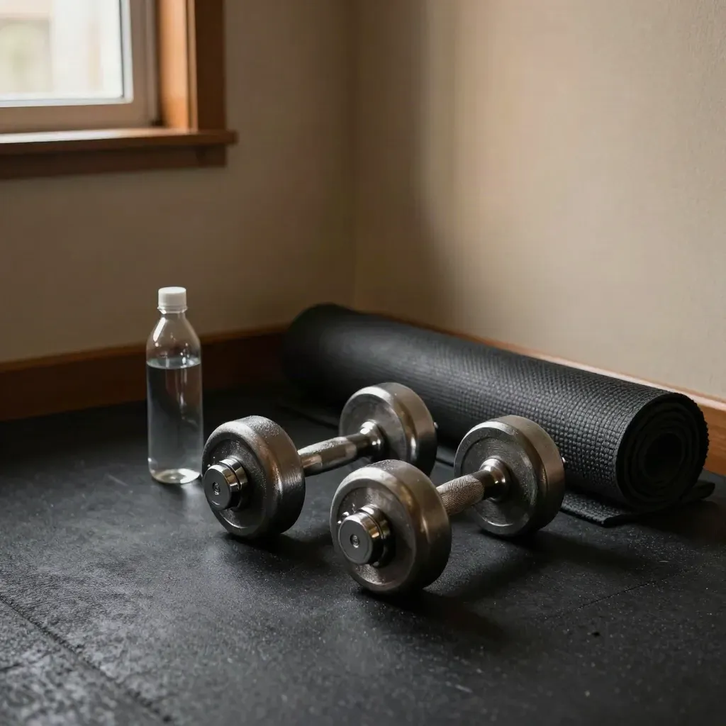 Compact home gym corner with dumbbells, water bottle and rolled mat in warm late-afternoon light.