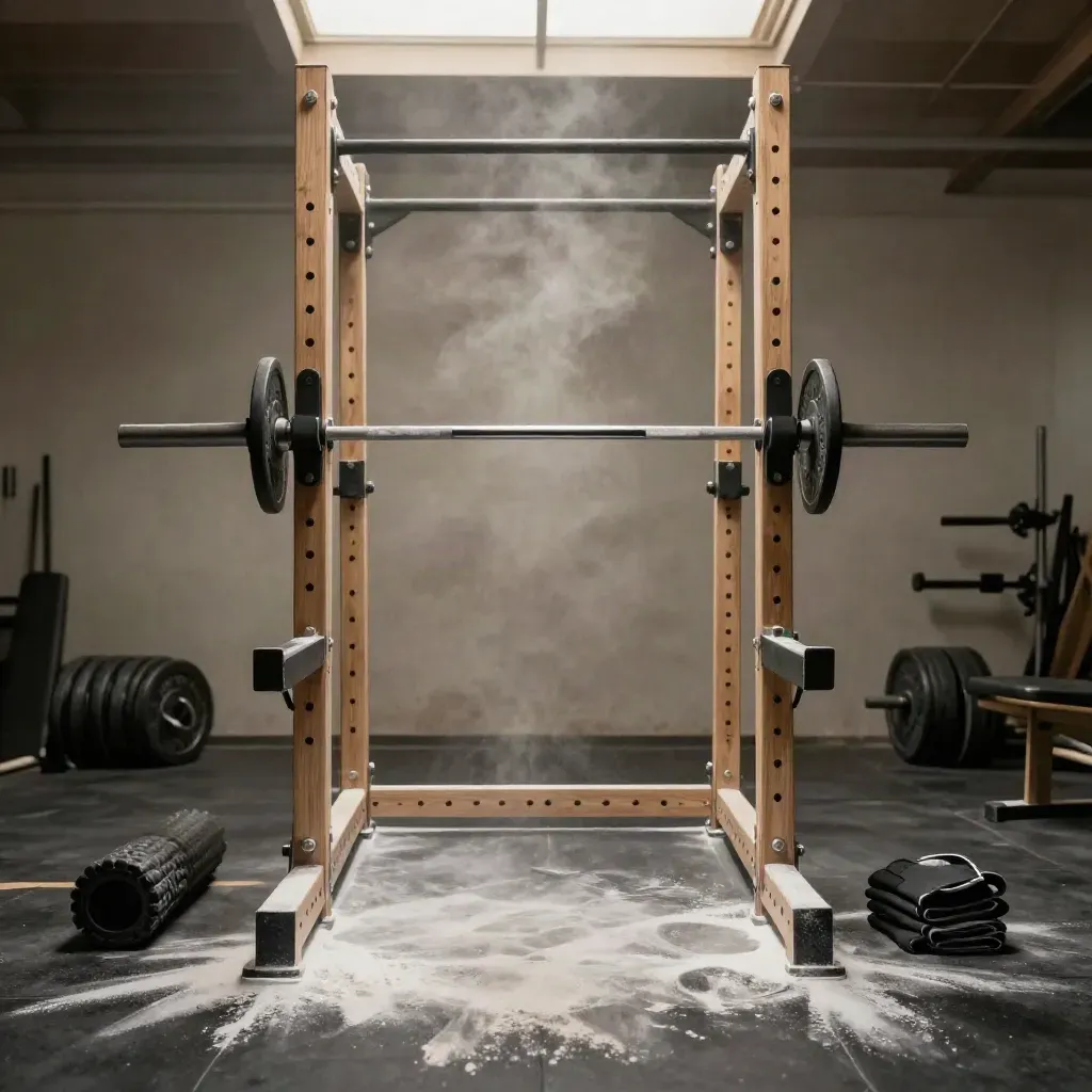 Empty squat rack with light barbell, foam roller and folded knee sleeves in a chalky gym
