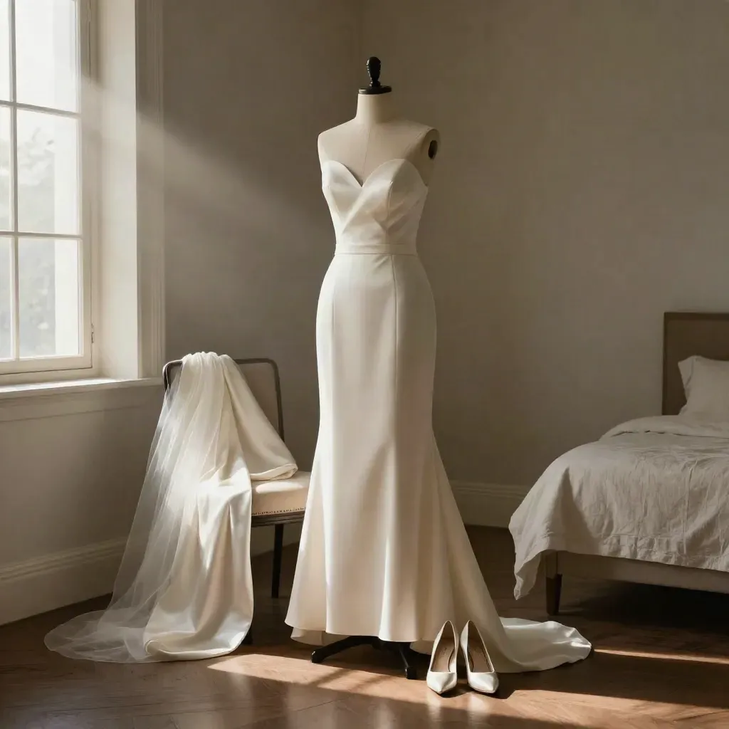 Ivory wedding dress on a dress form with heels and a garment bag in a moody bedroom corner
