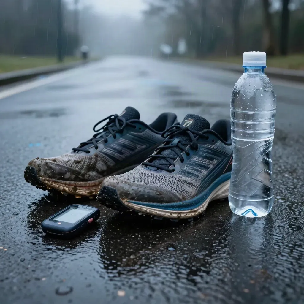 Worn running shoes beside a watch and water bottle on rain-slick tarmac