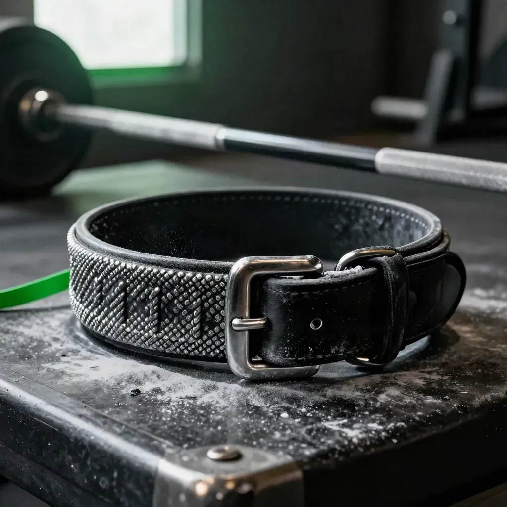 Chrome collar, chalked barbell knurling and leather belt buckle on a gym platform, side macro view