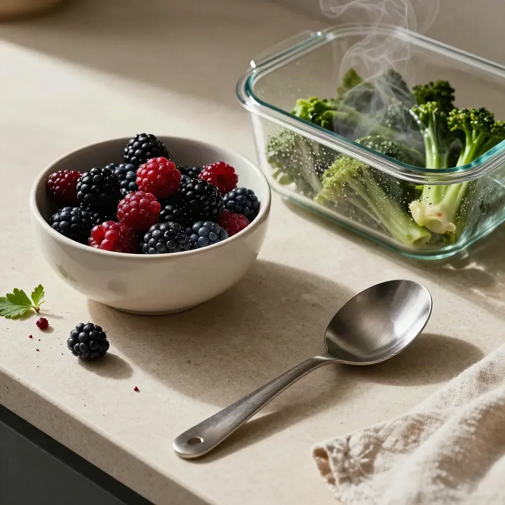 Overhead still life of berries, steamed vegetables and a prep scoop on a pale counter.