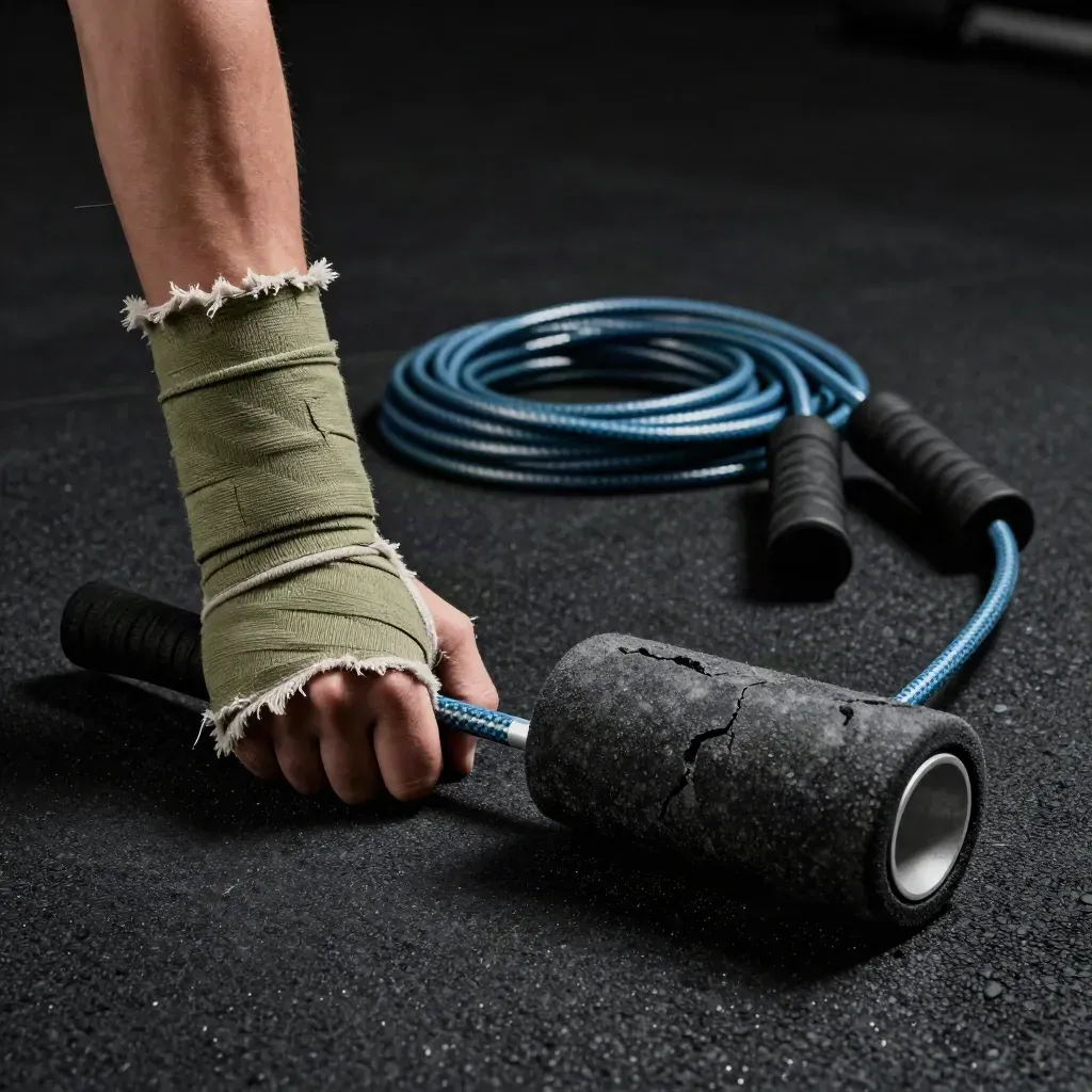 Wrist wraps, jump rope and foam roller end cap on rubber gym flooring in dramatic low light.