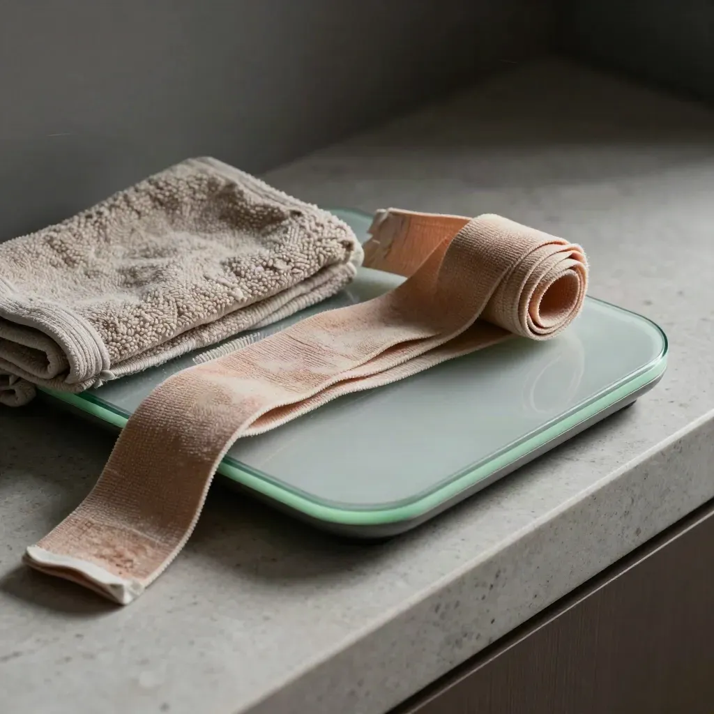 Macro of a smart scale edge, folded towel, and worn recovery band on a stone sill.