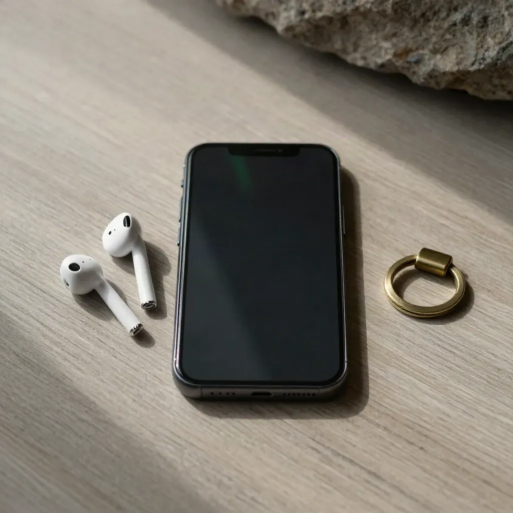 Overhead still-life of a phone, earbuds and brass key ring on pale wood