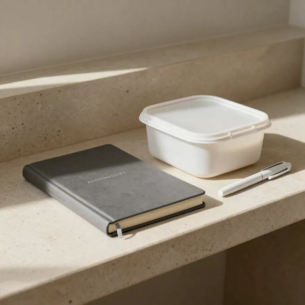 Closed training journal, meal-prep container, and pen cap on a pale stone ledge.