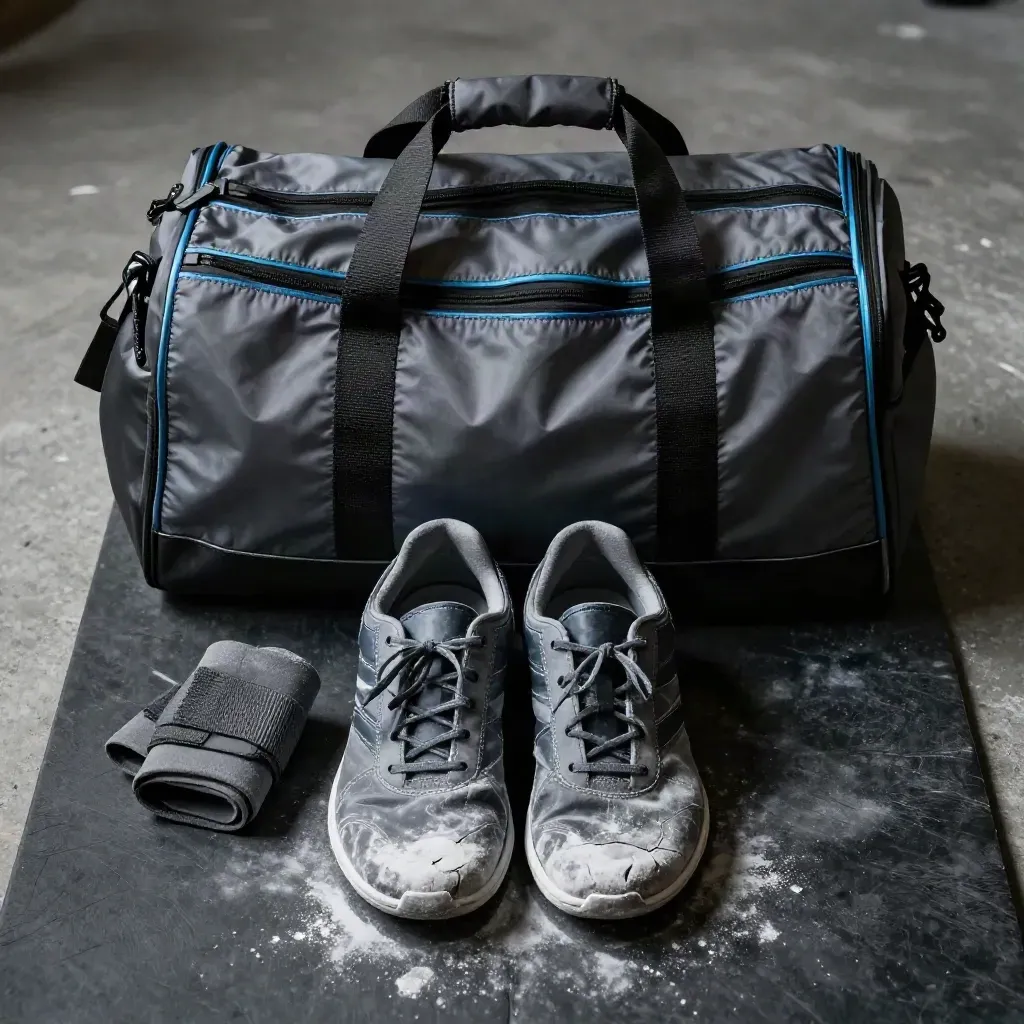 Chalked lifting shoes, wrist wraps and gym bag on a dark mat, ready for training