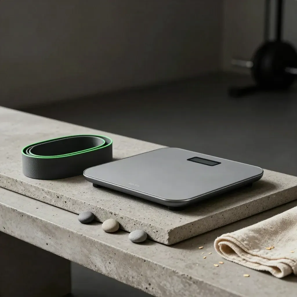 Smart scale, recovery band, and stone markers on a concrete tray with soft green accent