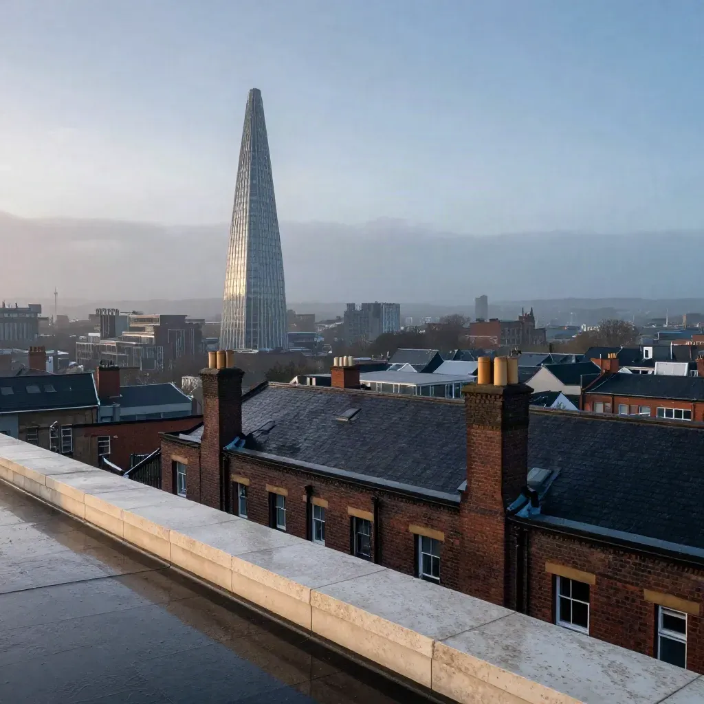 Rainy blue-hour Manchester skyline with Beetham Tower above quiet rooftop haze