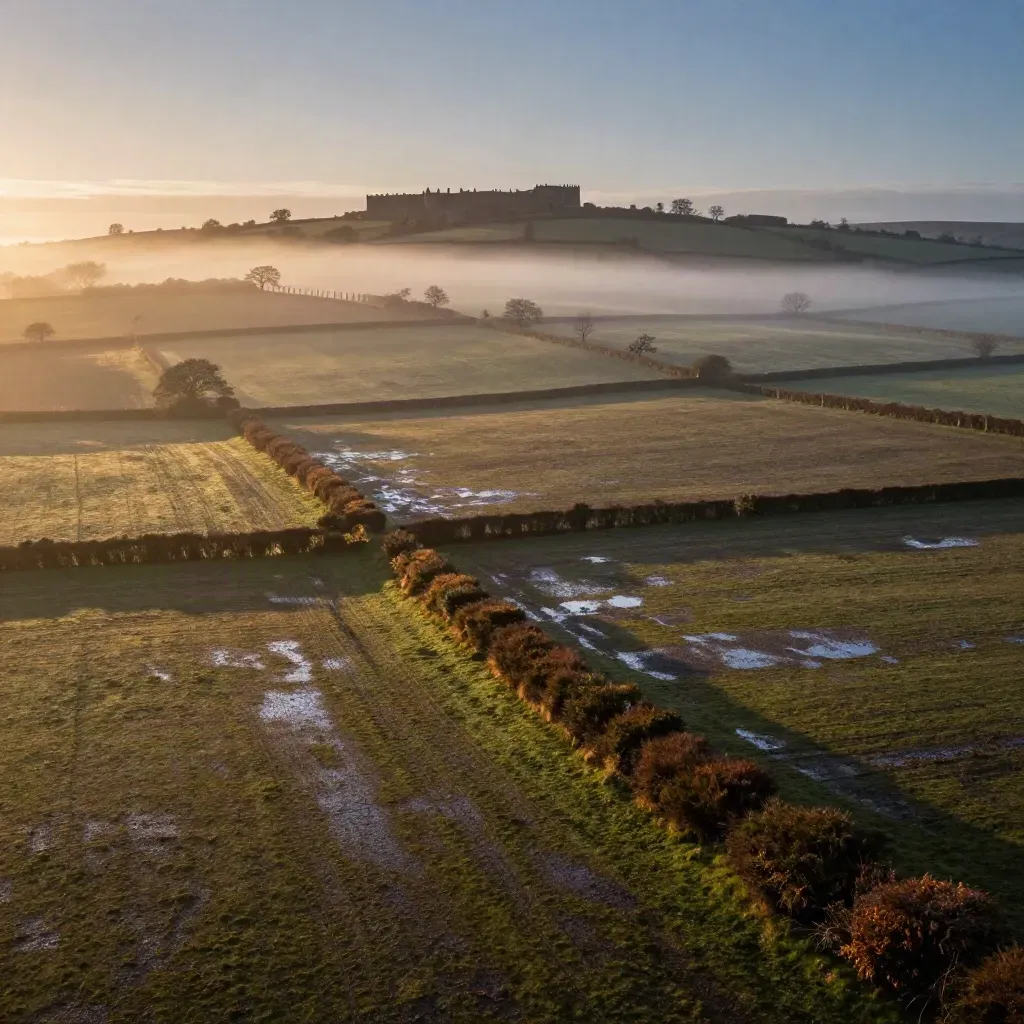 Cheshire farmland and a distant sandstone ridge in warm golden mist at sunset.