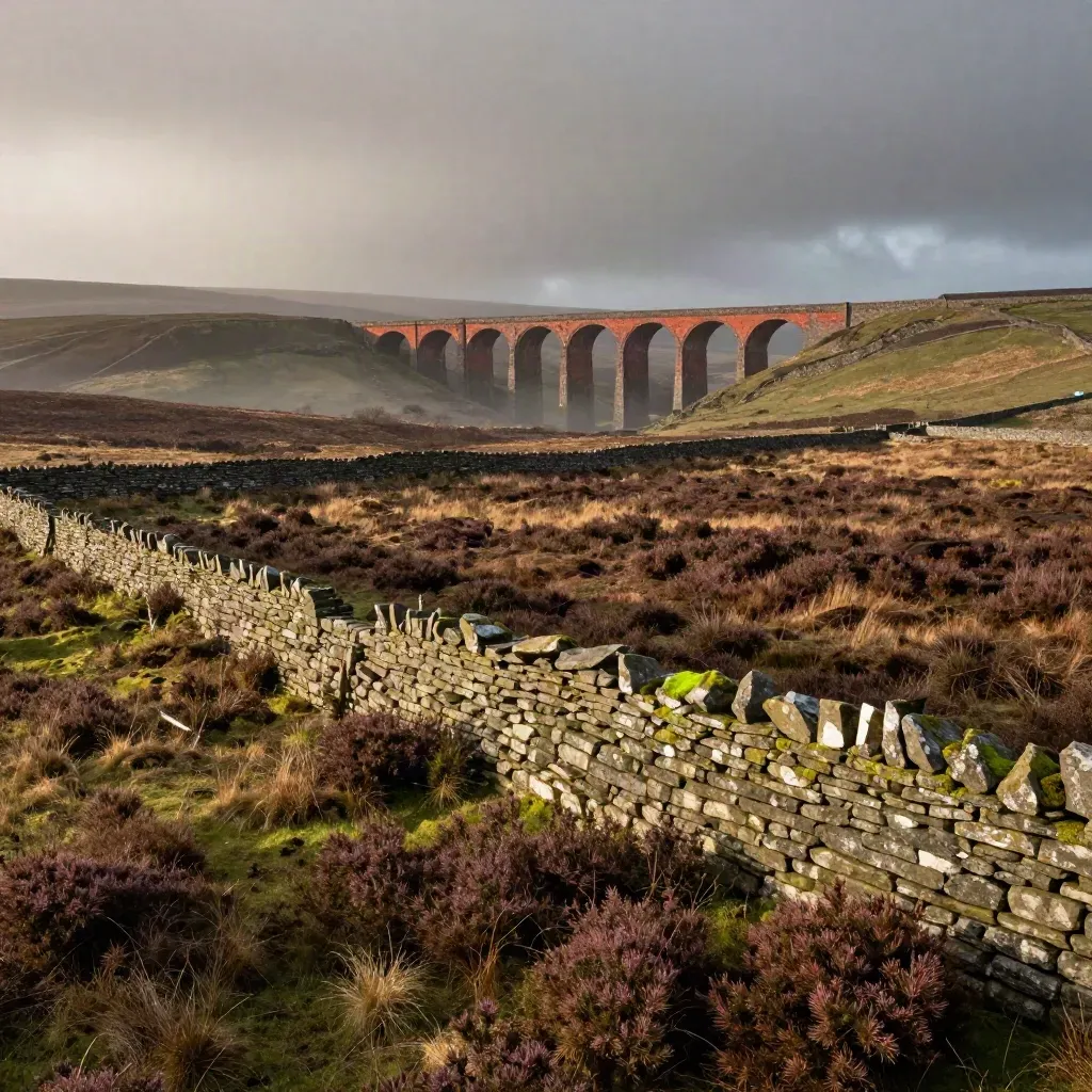 Storm-lifted Lancashire moor with dry-stone walls and a distant viaduct over misty hills